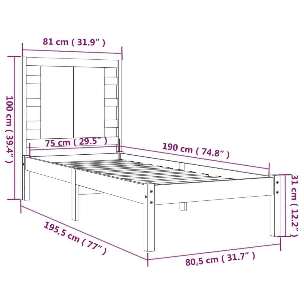 vidaXL Πλαίσιο Κρεβατιού Λευκό 75x190 εκ. Μασίφ Ξύλο Small Single