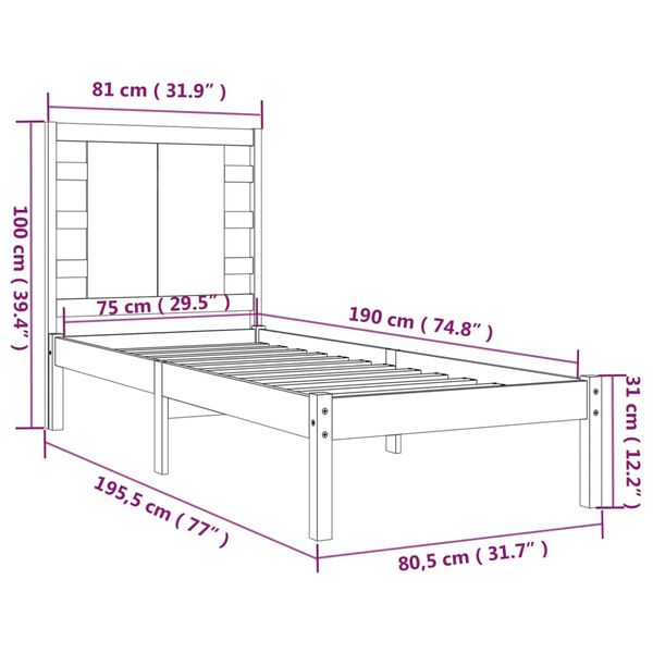 vidaXL Πλαίσιο Κρεβατιού Λευκό 75x190 εκ. Μασίφ Ξύλο Small Single