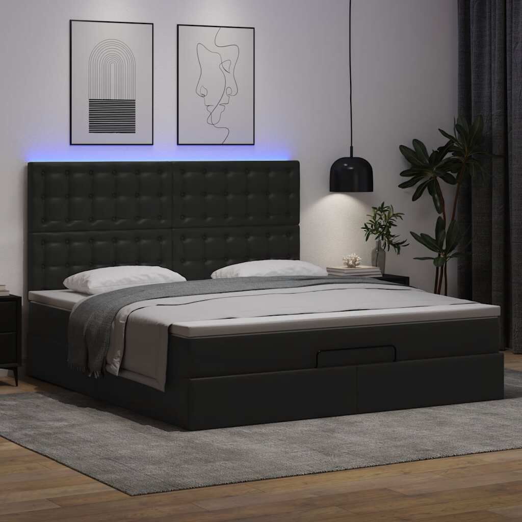 vidaXL Οθωμανικό κρεβάτι με στρώμα & LEDs Μαύρο 180x200cm Faux Leather