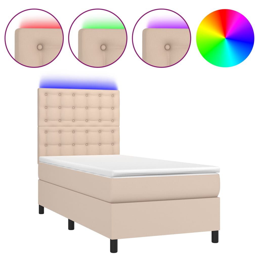vidaXL Κρεβάτι Boxspring Στρώμα&LED Καπουτσίνο 90x200 εκ. Συνθ. Δέρμα