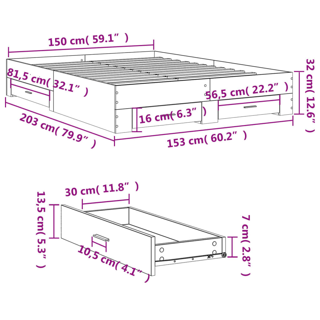 vidaXL Πλαίσιο Κρεβατιού με Συρτάρια Γκρι Sonoma 150x200εκ. Επεξ. Ξύλο