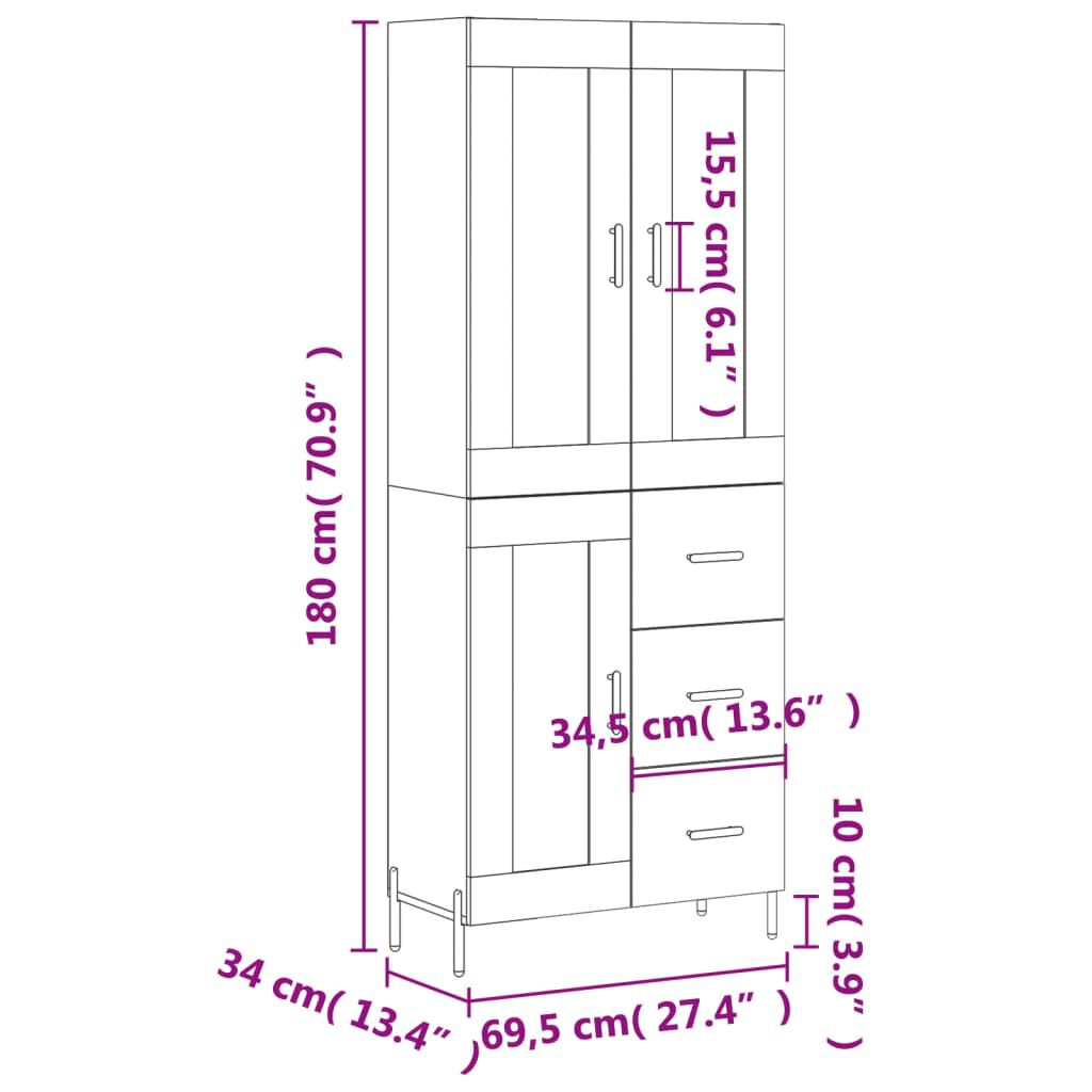 vidaXL Ντουλάπι Μαύρο 69,5x34x180 εκ. από Επεξεργασμένο Ξύλο