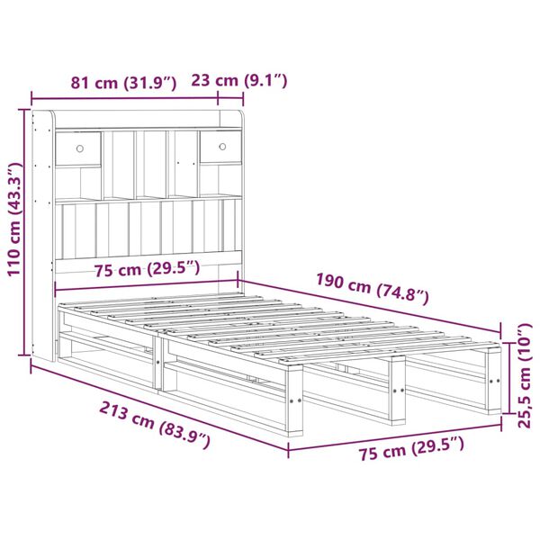 vidaXL Κρεβάτι Βιβλιοθήκη Χωρίς Στρώμα 75x190 εκ Μασίφ Ξύλο Πεύκου
