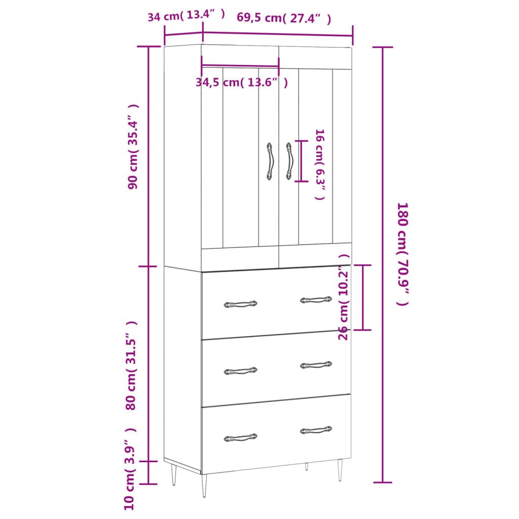 vidaXL Ντουλάπι Γκρι Sonoma 69,5 x 34 x 180 εκ. Επεξεργασμένο Ξύλο