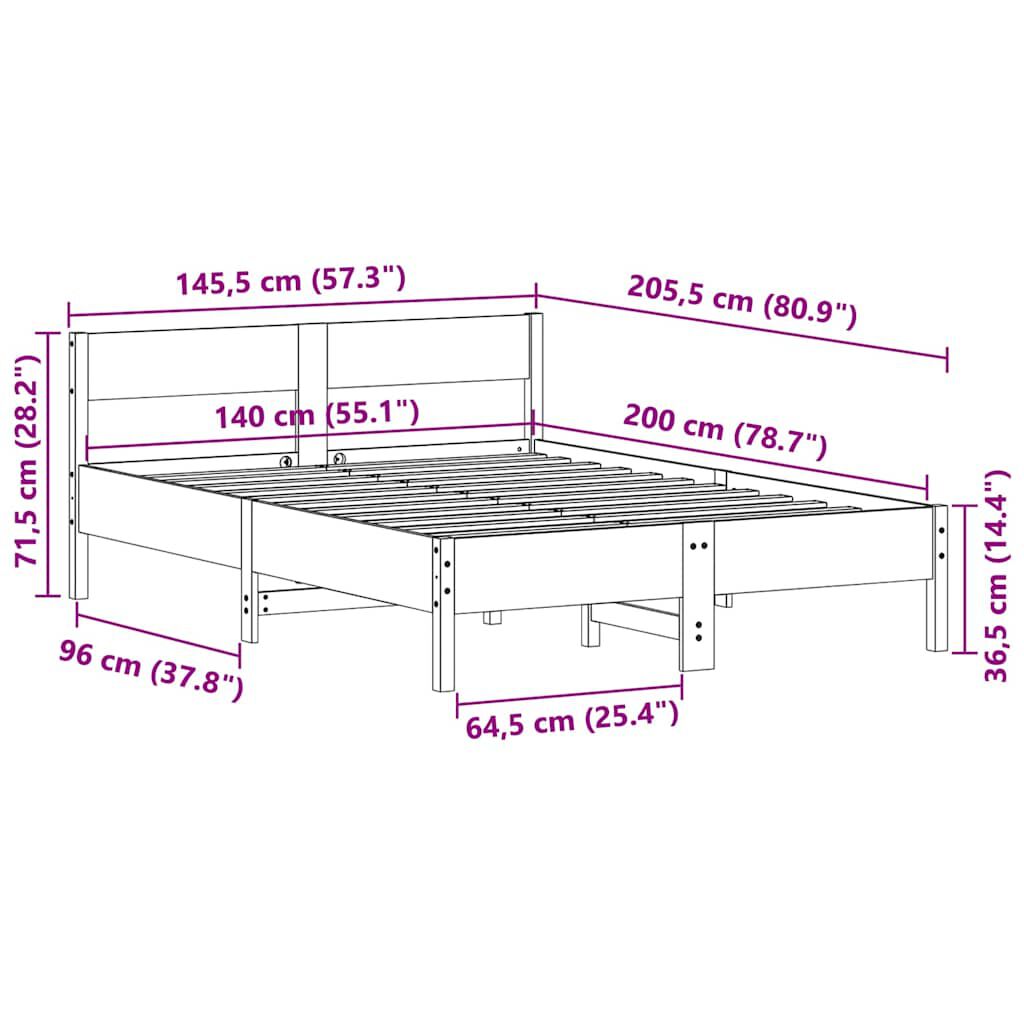 vidaXL Σκελετός Κρεβατιού Χωρίς Στρώμα Καφέ 140x200 Μασίφ Ξύλο Πεύκου