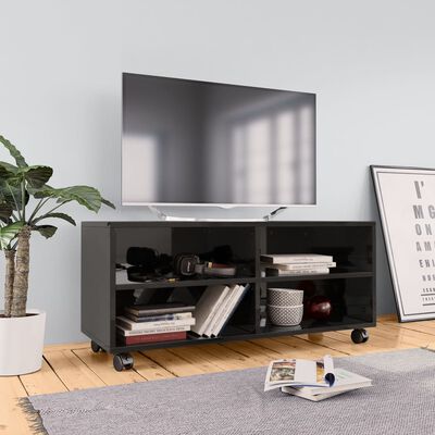 vidaXL Έπιπλο TV με Ρόδες Γυαλιστερό Μαύρο 90x35x35 εκ. Μοριοσανίδα
