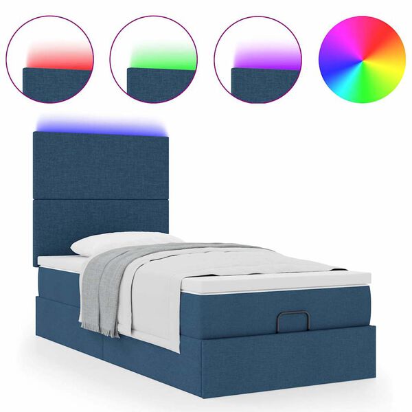 vidaXL Οθωμανικό κρεβάτι με στρώμα & LEDs Μπλε 90x200 cm Ύφασμα