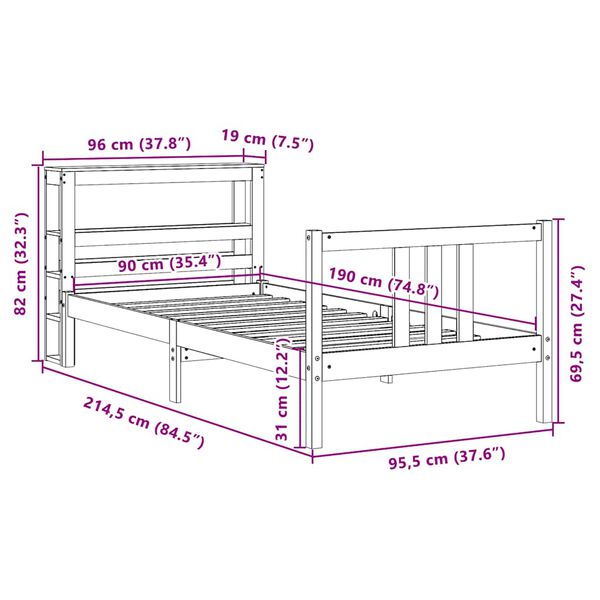 vidaXL Πλαίσιο Κρεβατιού με Κεφαλάρι 90 x 190εκ. από Μασίφ Ξύλο Πεύκου