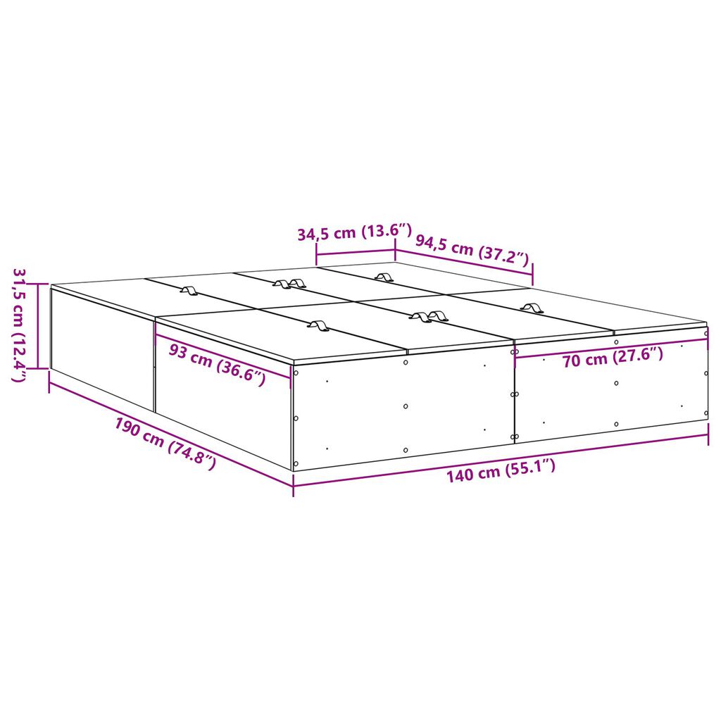 vidaXL Κρεβάτι Αποθήκης Γκρι Σονομά 140x190 εκ