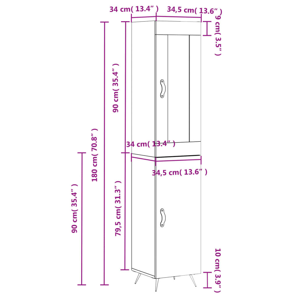 vidaXL Ντουλάπι Γυαλ. Λευκό 34,5 x 34 x 180 εκ. από Επεξεργασμένο Ξύλο