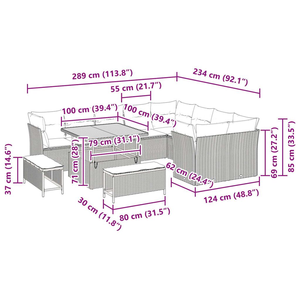 vidaXL Σετ Καναπέ Κήπου 12 pcs Μαύρο συνθετικό ρατάν