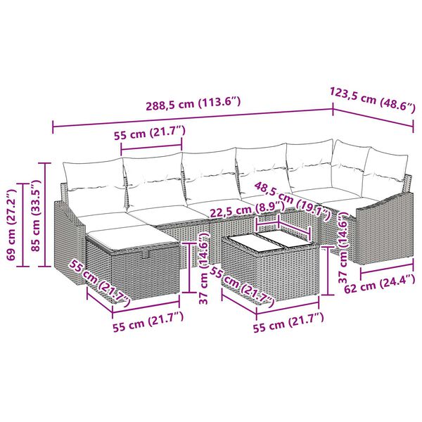 vidaXL Σετ Καναπέ Κήπου με μαξιλάρι 8 pcs Γκρι Πολυ ράταν