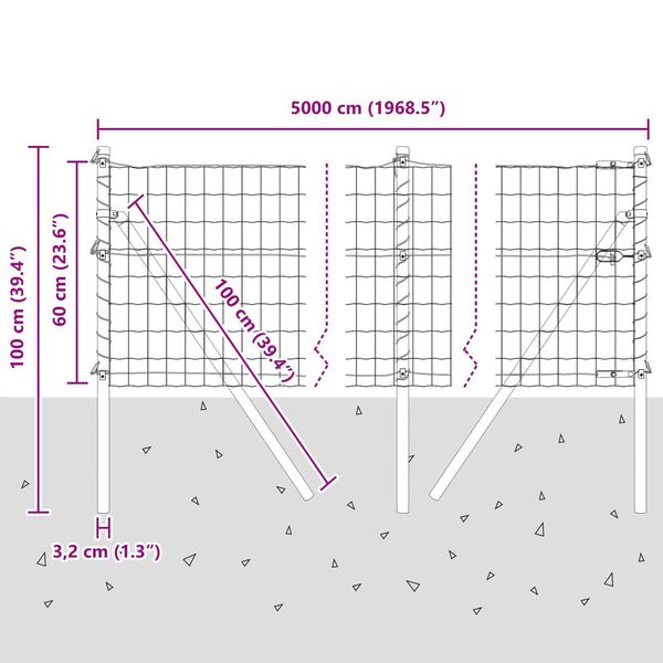 vidaXL Φράχτης με Στήλες. Γκρι 0.6 x 50 μ. Ατσάλι