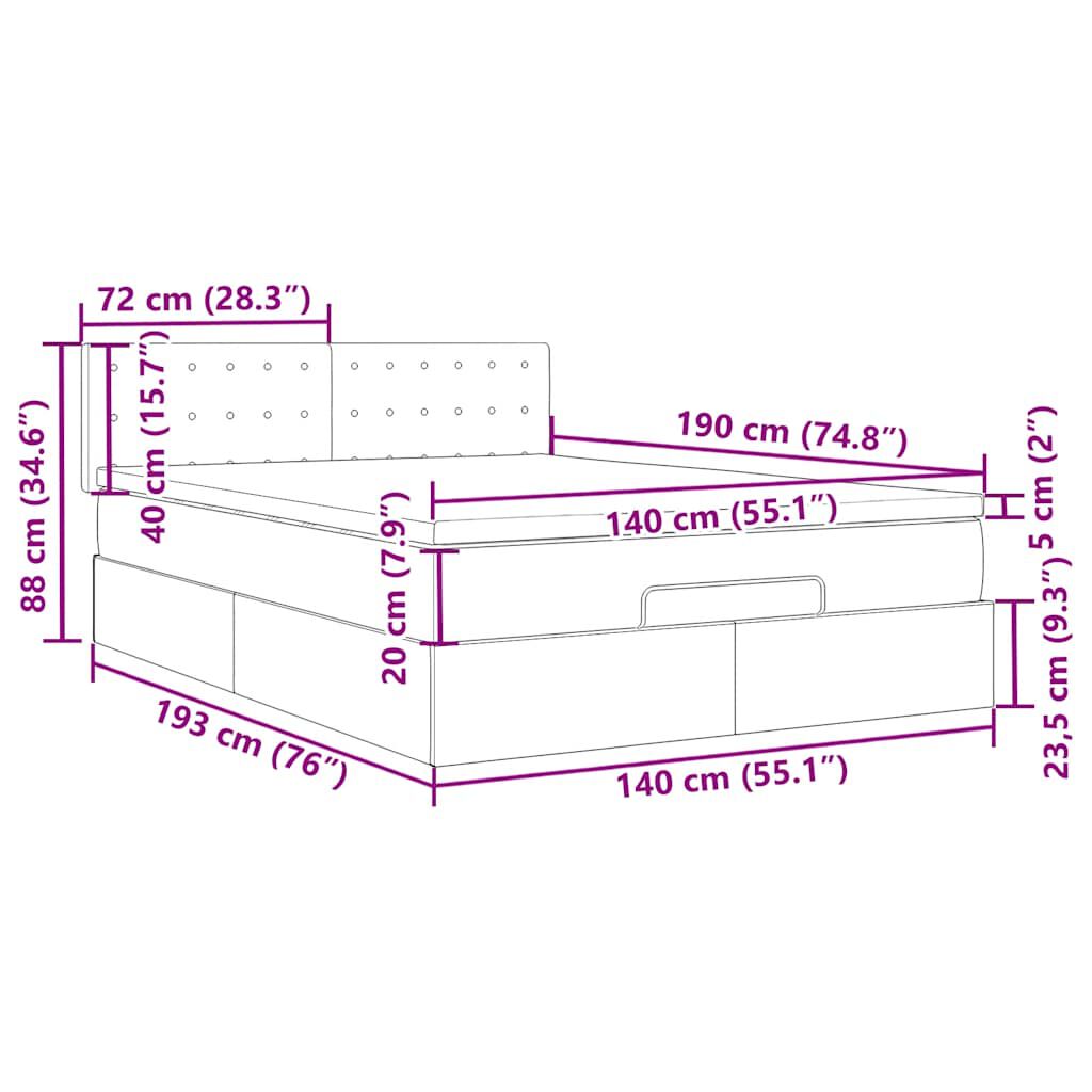 vidaXL Οθωμανικό κρεβάτι με στρώματα & LEDs Μαύρο Faux Leather