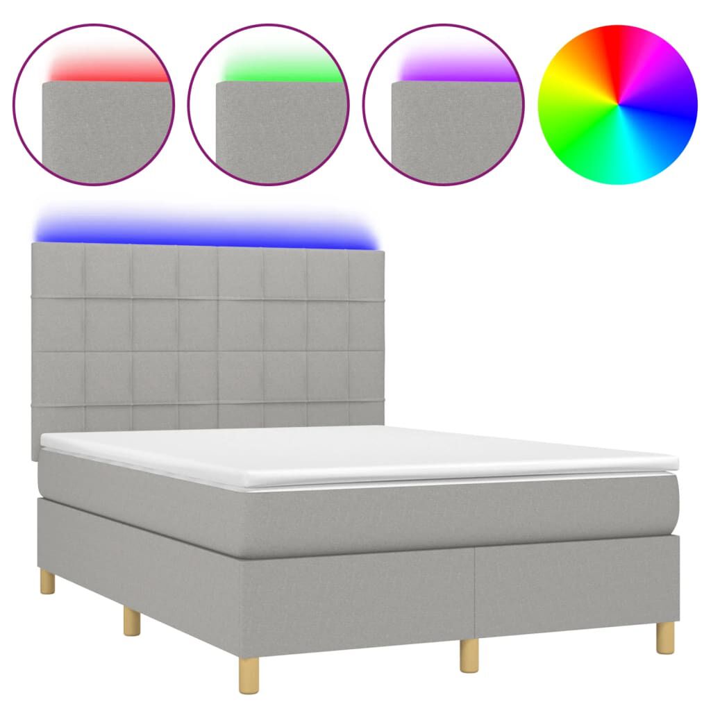 vidaXL Κρεβάτι Boxspring με Στρώμα & LED Αν.Γκρι 140x200εκ. Υφασμάτινο