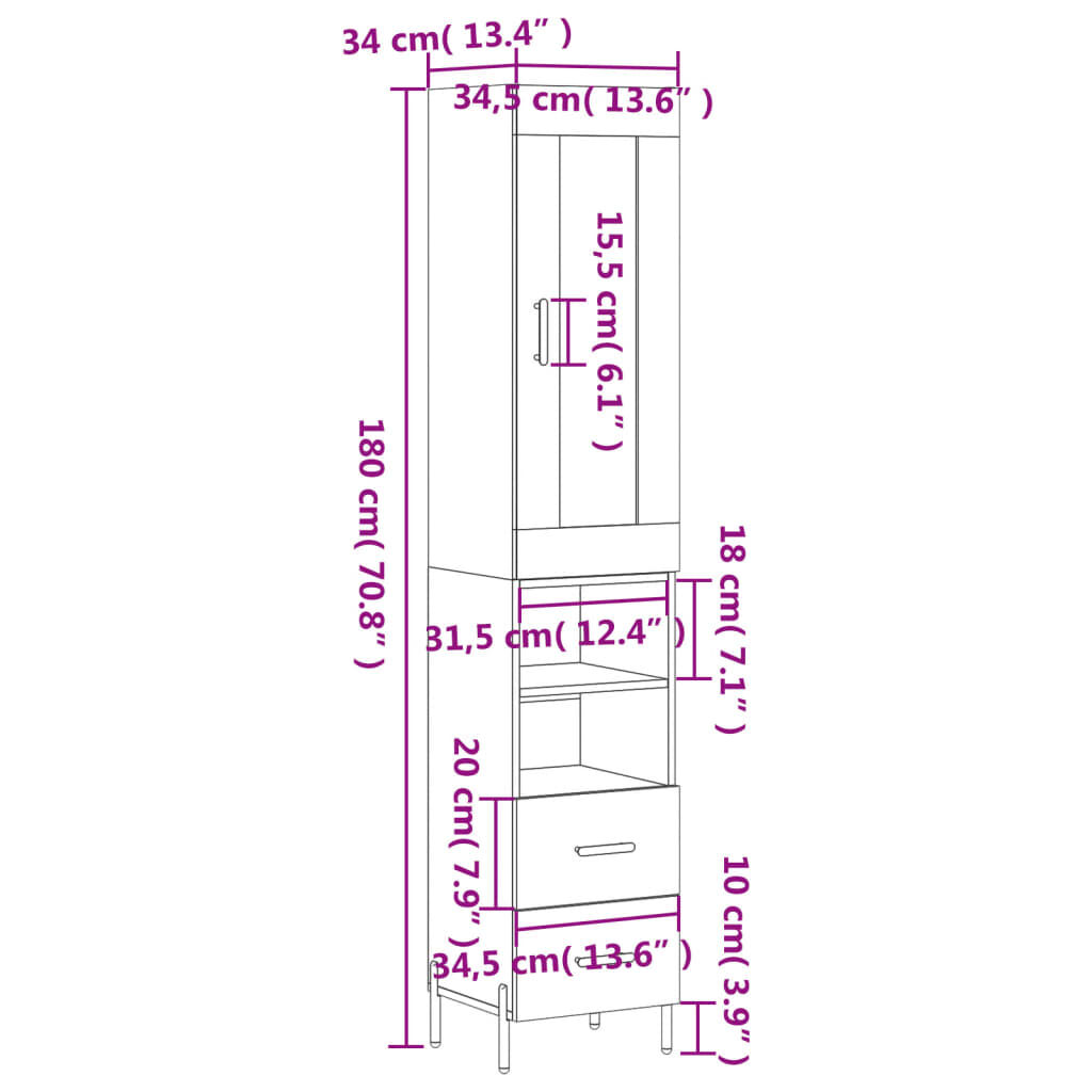 vidaXL Ντουλάπι Γυαλ. Λευκό 34,5 x 34 x 180 εκ. από Επεξεργασμένο Ξύλο