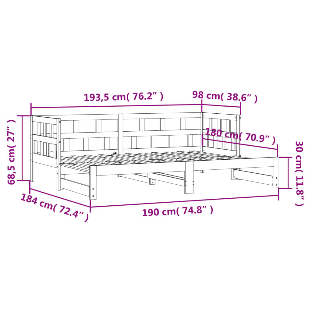 vidaXL Καναπές Κρεβάτι Συρόμενος 90 x 190 εκ. Μασίφ Ξύλο Πεύκου