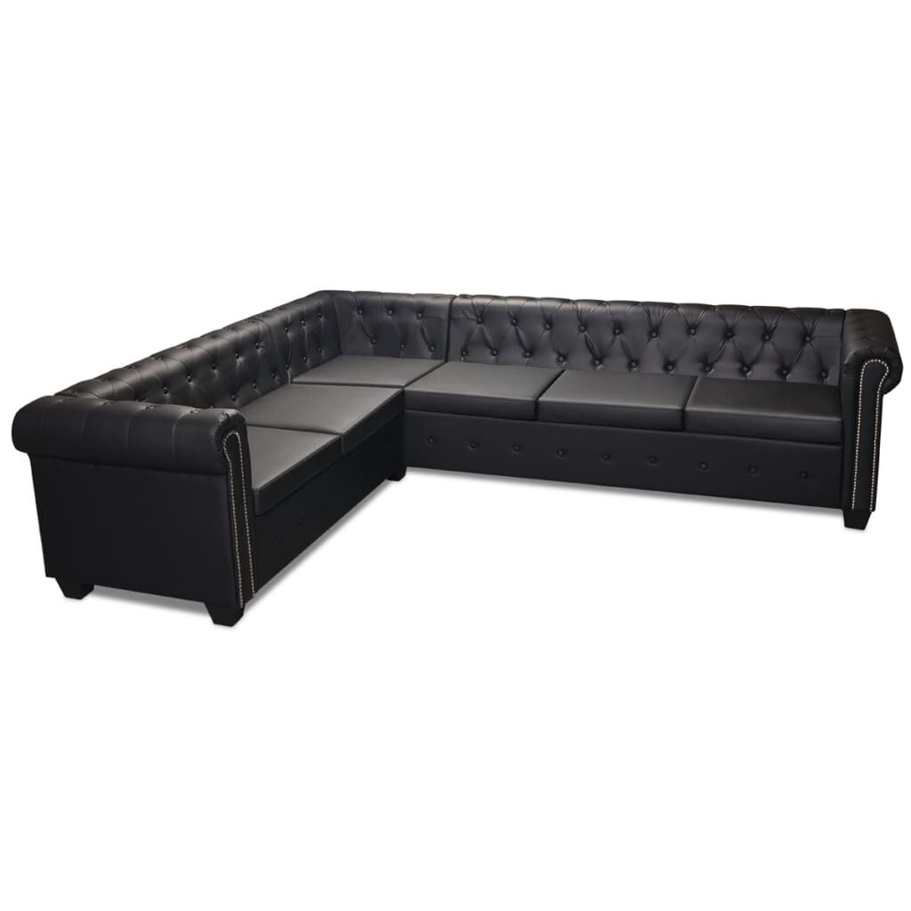 vidaXL Καναπές Γωνιακός Εξαθέσιος Chesterfield Μαύρος Συνθετικό Δέρμα