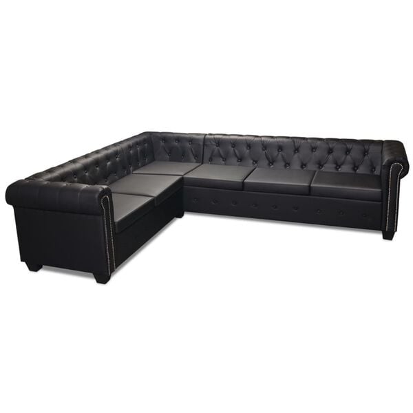 vidaXL Καναπές Γωνιακός Εξαθέσιος Chesterfield Μαύρος Συνθετικό Δέρμα