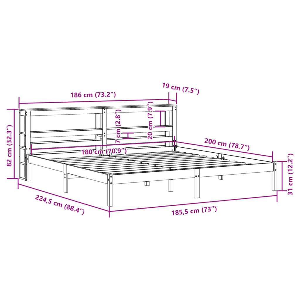 vidaXL Πλαίσιο Κρεβατιού με Κεφαλάρι 180x200 εκ Μασίφ Ξύλο Πεύκου