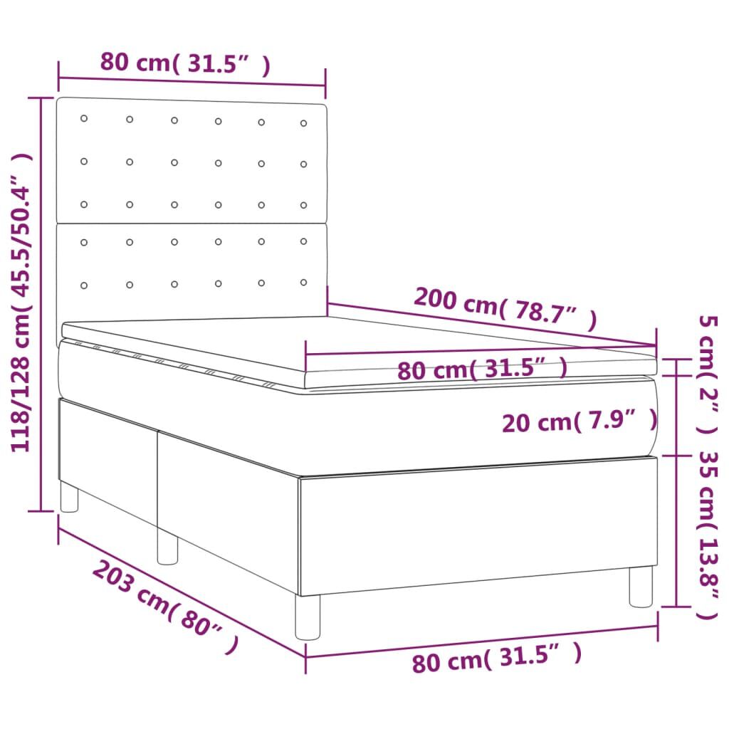 vidaXL Κρεβάτι Boxspring με Στρώμα & LED Μαύρο 80x200 εκ. Βελούδινο