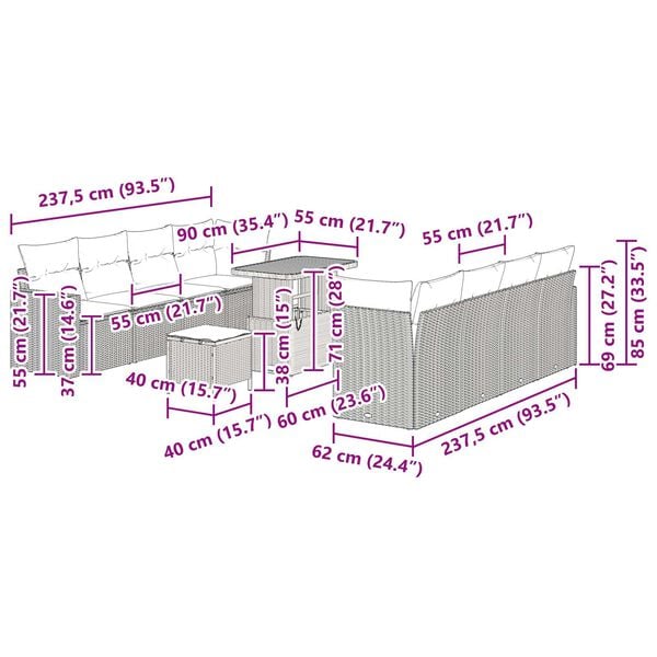 vidaXL Σετ Καναπέ Κήπου 11 pcs Μαύρο συνθετικό ρατάν