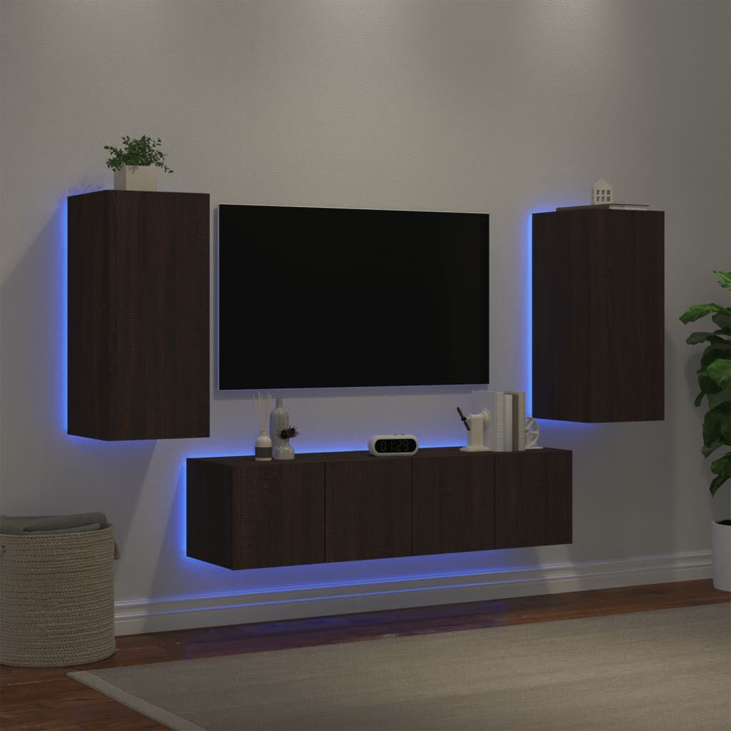 vidaXL Έπιπλα Τοίχου Τηλεόρασης 4 τεμ. LED Καφέ Δρυς από Επεξ. Ξύλο