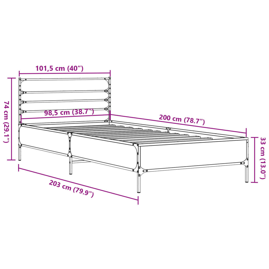 vidaXL Πλαίσιο Κρεβατιού Γκρι Sonoma 100x200 εκ. Επεξ. Ξύλο & Μέταλλο