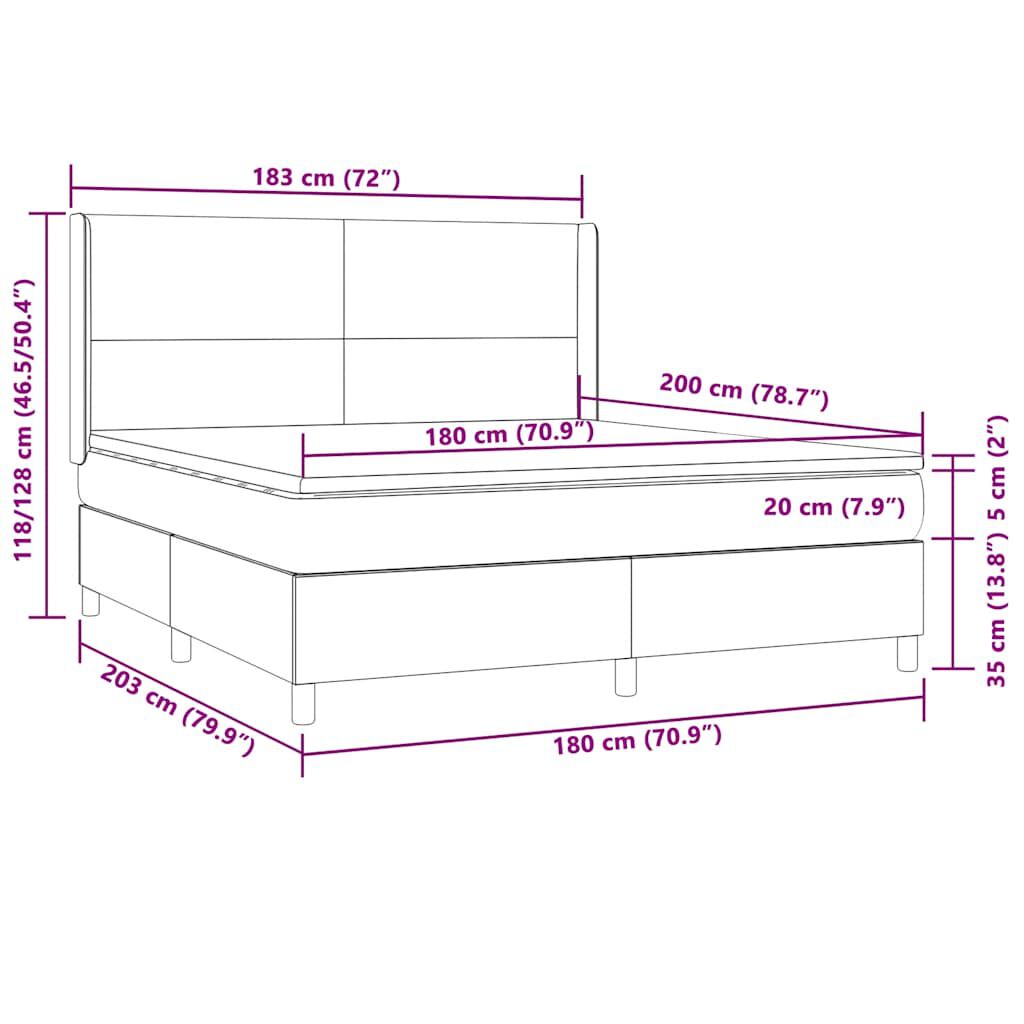vidaXL Κρεβάτι Boxspring με Στρώμα & LED Σκ. Πράσινο 180x200εκ Βελούδο