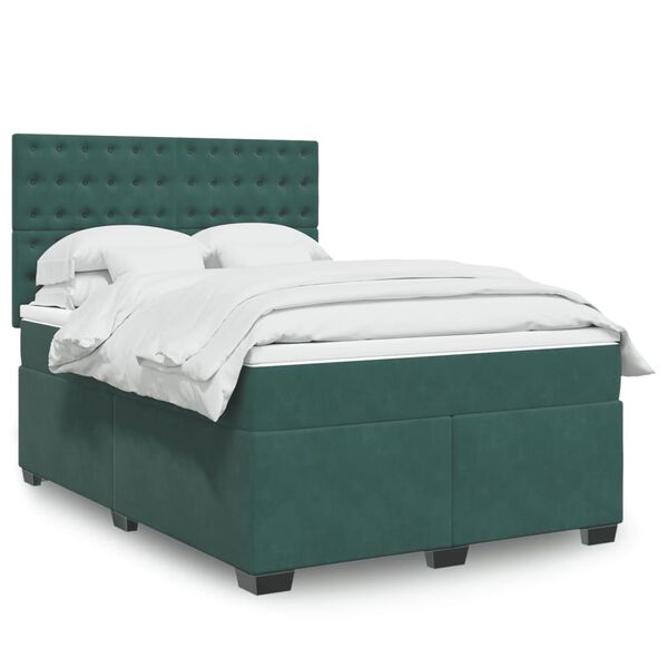 vidaXL Κρεβάτι Boxspring με Στρώμα Σκούρο Πράσινο 140x190εκ. Βελούδινο
