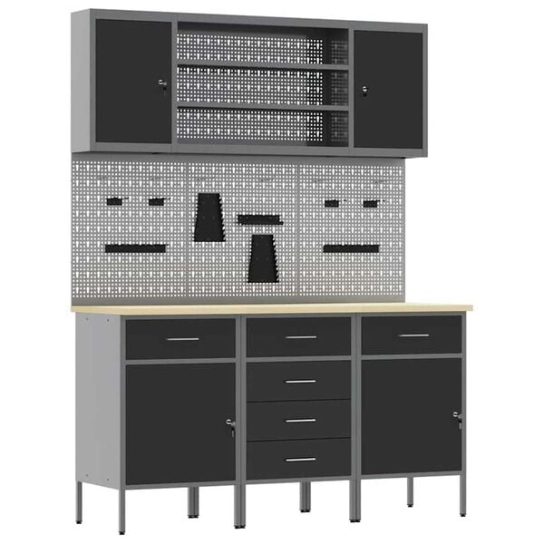 vidaXL Πάγκος εργασίας με συρτάρι 7 pcs Μαύρο 150 x 55 x 200 εκ Ατσάλι