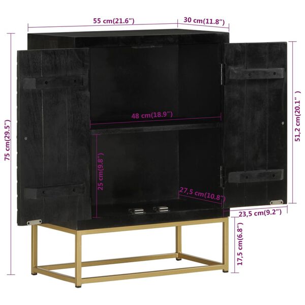 vidaXL Ντουλάπι με 2 Πόρτες Μαύρο/Χρυσό 55x30x75 εκ. Μασίφ Ξύλο Μάνγκο