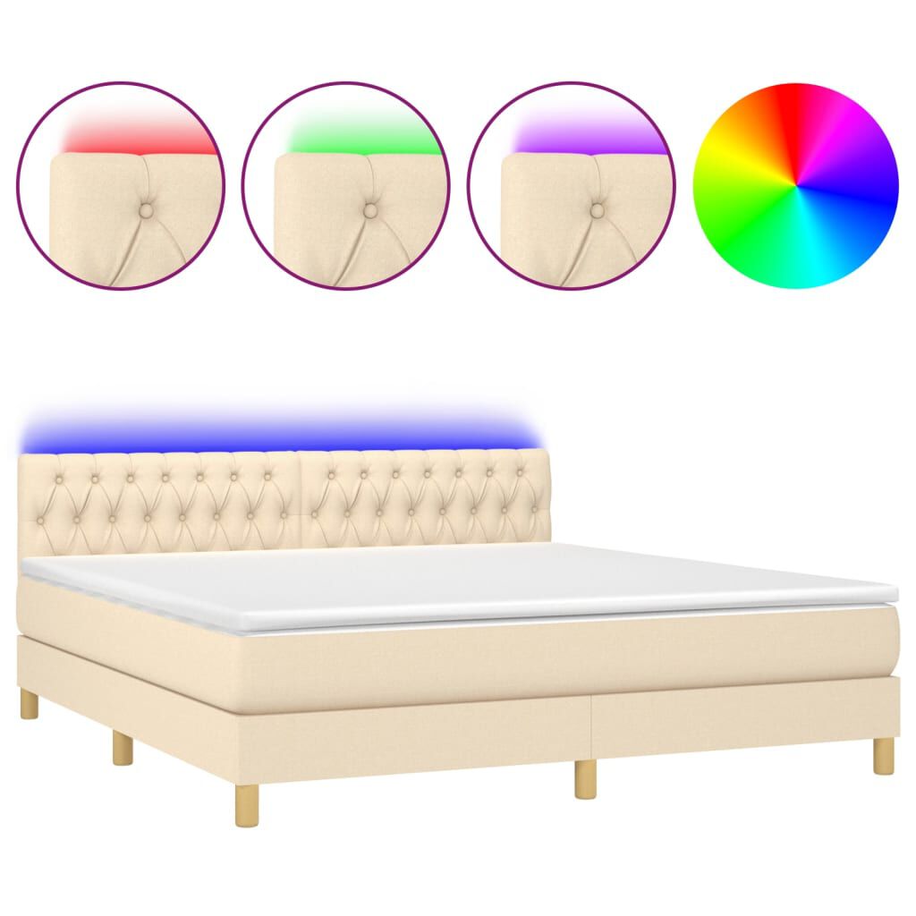 vidaXL Κρεβάτι Boxspring με Στρώμα & LED Κρεμ 180x200 εκ. Υφασμάτινο