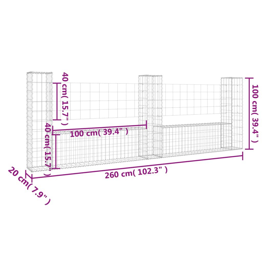 vidaXL Συρματοκιβώτια σε U Σχήμα με 3 Στύλους 260x20x100 εκ Σιδερένιο