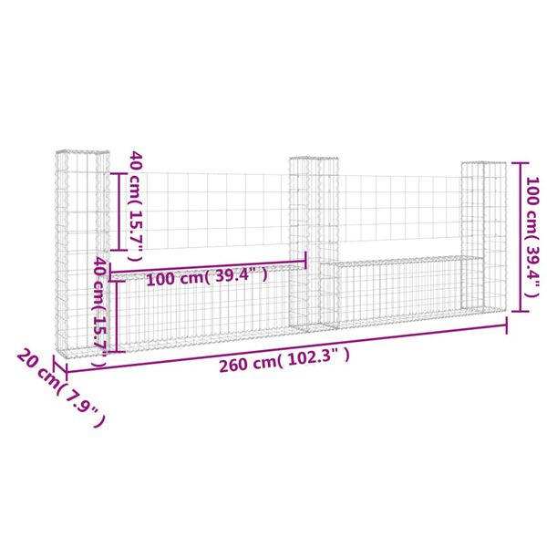 vidaXL Συρματοκιβώτια σε U Σχήμα με 3 Στύλους 260x20x100 εκ Σιδερένιο