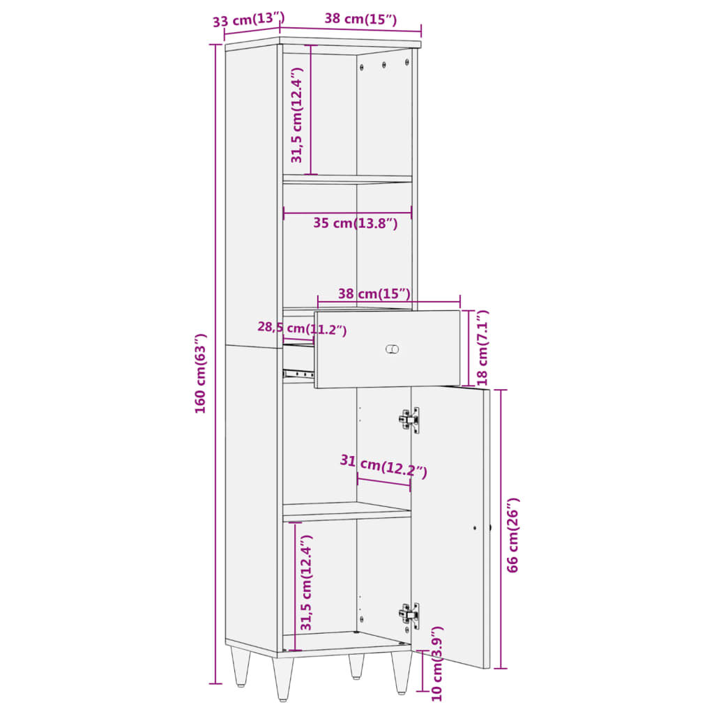 vidaXL Ντουλάπι Μπάνιου 38 x 33 x 160 εκ. από Μασίφ Ξύλο Μάνγκο
