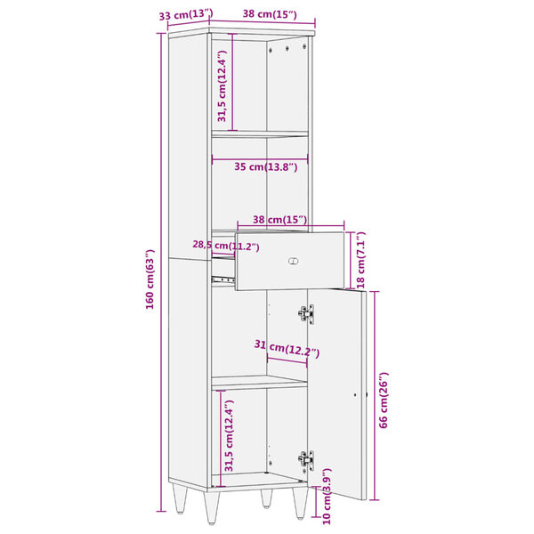 vidaXL Ντουλάπι Μπάνιου 38 x 33 x 160 εκ. από Μασίφ Ξύλο Μάνγκο