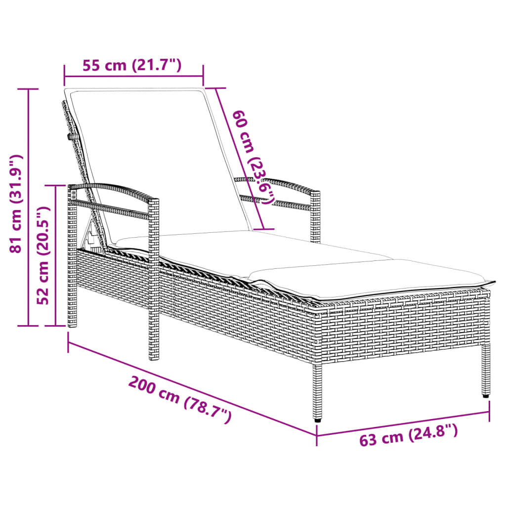 vidaXL Ξαπλώστρα Μπεζ 63x200x81 εκ. από Συνθετικό Ρατάν με Μαξιλάρι