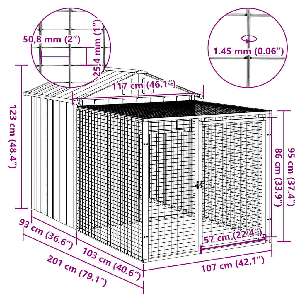 vidaXL Κλουβί για Κότες με Αυλή Αν. Γκρι 117x201x123εκ Γαλβαν. Χάλυβας