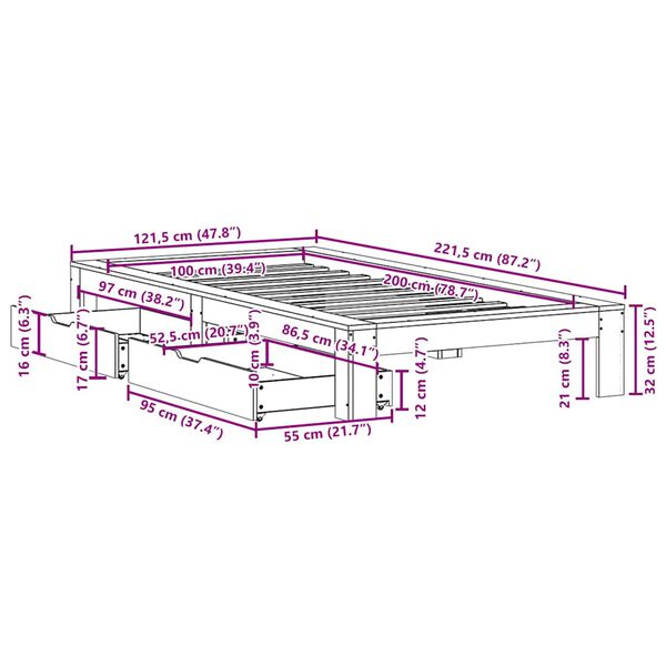 vidaXL Σκελετός Κρεβατιού Χωρίς Στρώμα 100x200 εκ. Μασίφ Πεύκο