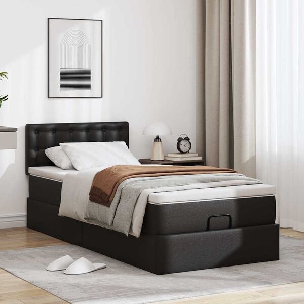 vidaXL Οθωμανικό κρεβάτι με στρώματα & LEDs Μαύρο Faux Leather