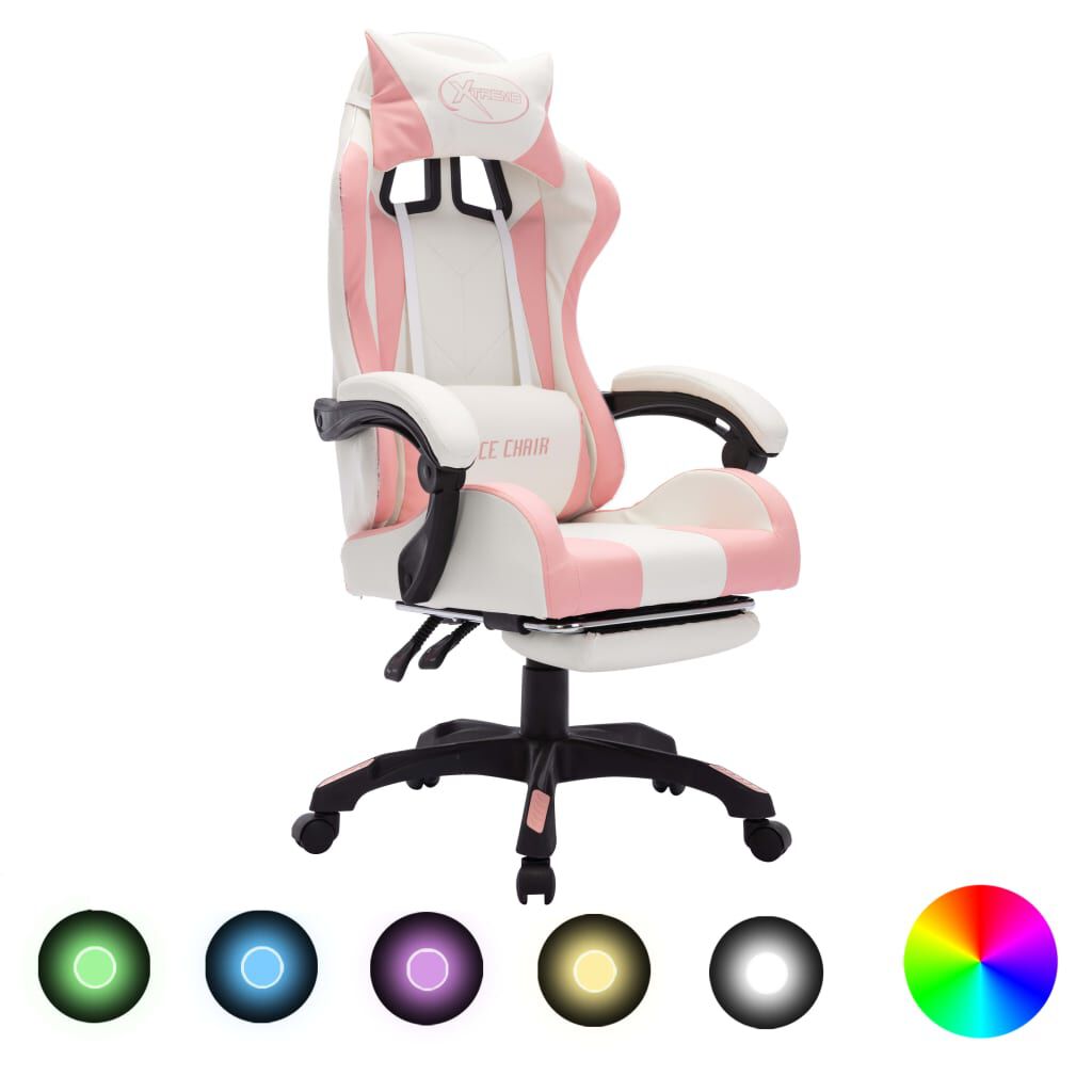 vidaXL Καρέκλα Racing με Φωτισμό RGB LED Ροζ/Λευκό Συνθετικό Δέρμα
