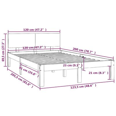 vidaXL Πλαίσιο Κρεβατιού Γκρι 120 x 200 εκ. από Μασίφ Ξύλο Πεύκου