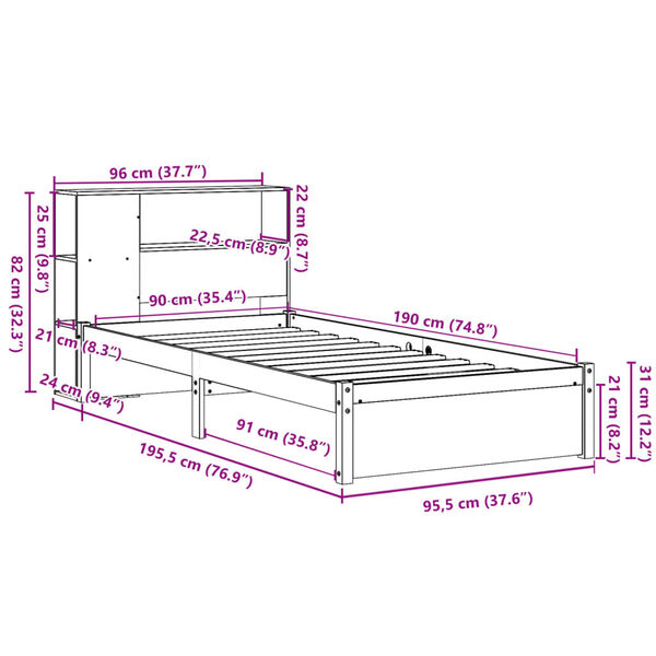 vidaXL Κρεβάτι Βιβλιοθήκη Χωρίς Στρώμα 90x190 εκ Μασίφ Ξύλο Πεύκου