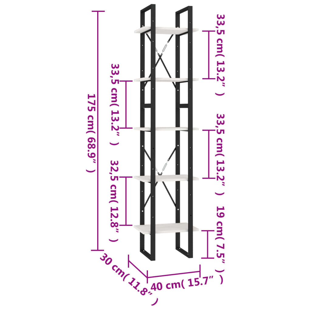 vidaXL Βιβλιοθήκη με 5 Ράφια Λευκή 40 x 30 x 175 εκ. από Ξύλο Πεύκου