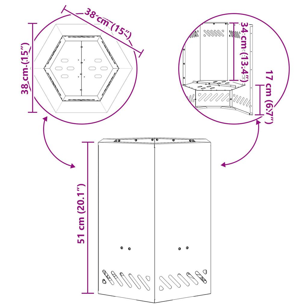 vidaXL Χωρίς Καπνό Φωτιά Πυρκαγιάς Εξαγώνιος 38x38x51 εκ Ανθεκτικός Χάλυβας