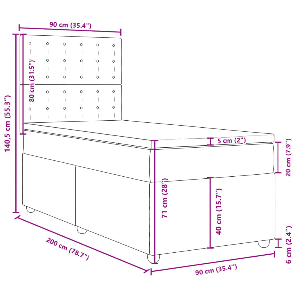 vidaXL Κρεβάτι Boxspring με Στρώμα Σκούρο Γκρι 90x200 εκ. Υφασμάτινο