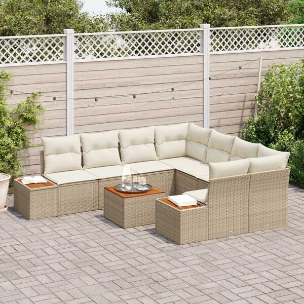 vidaXL Σετ Καναπέ Κήπου με μαξιλάρι 9 pcs Μπεζ Πολυ ράταν
