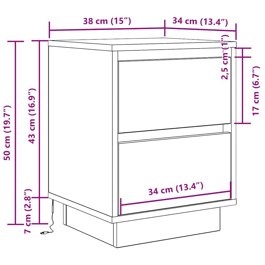 vidaXL Κομοδίνα με φώτα LED 2 τεμάχια Sonoma Oak 38x34x50 cm