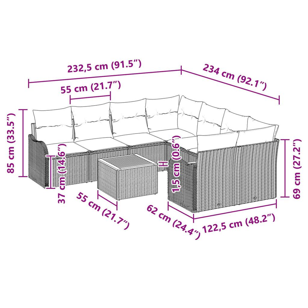 vidaXL Σετ Σοφάκι Κήπου 9 pcs Μαύρο Μεγάλο Ρατάν, Ξύλο